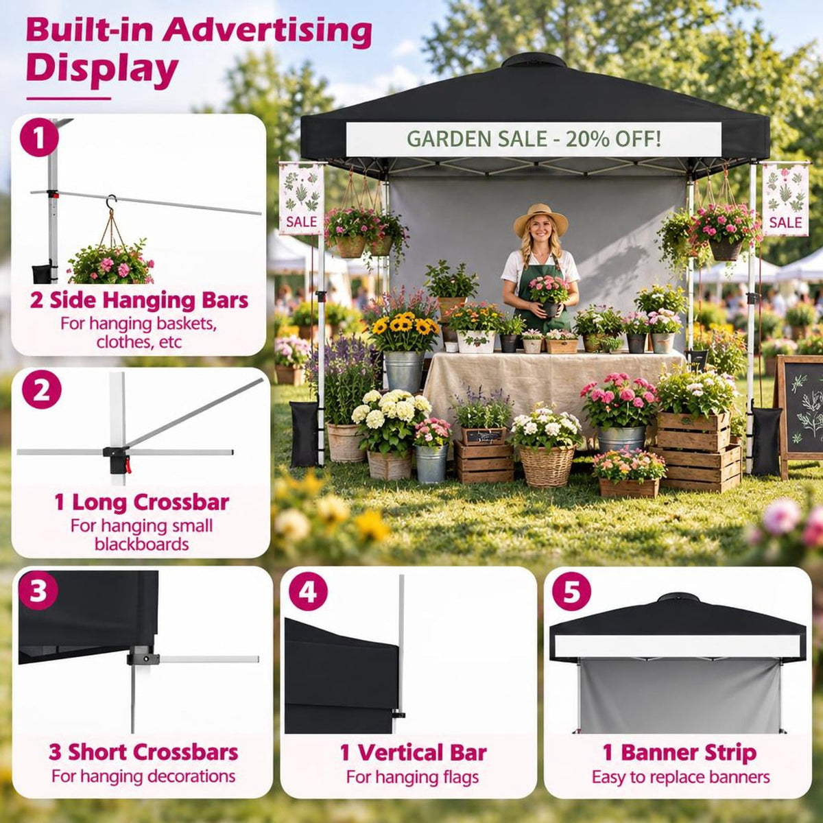 Airfind 10 x 10 Feet Foldable Commercial Pop-up Canopy with Roller Bag and Banner Strip, 10 x 10 x 8.9-9.5 ftCarrying bag Footprint, Black