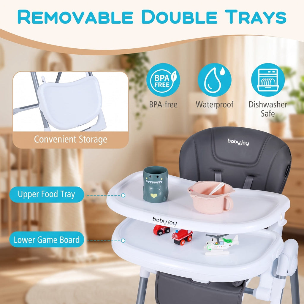 Airfind Foldable Baby High Chair with Adjustable Height and Relining Seat, 15 kg Capacity, Metal PP PU Frame, for 6-36 Months, Dark Gray