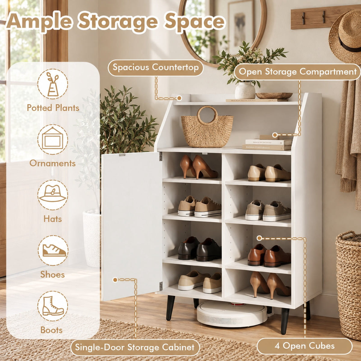 Airfind Shoe Storage Cabinet with 2-Tier Open Compartment and 4-Tier Adjustable Shelf, 44 lbs Capacity, Engineered Wood Frame, White