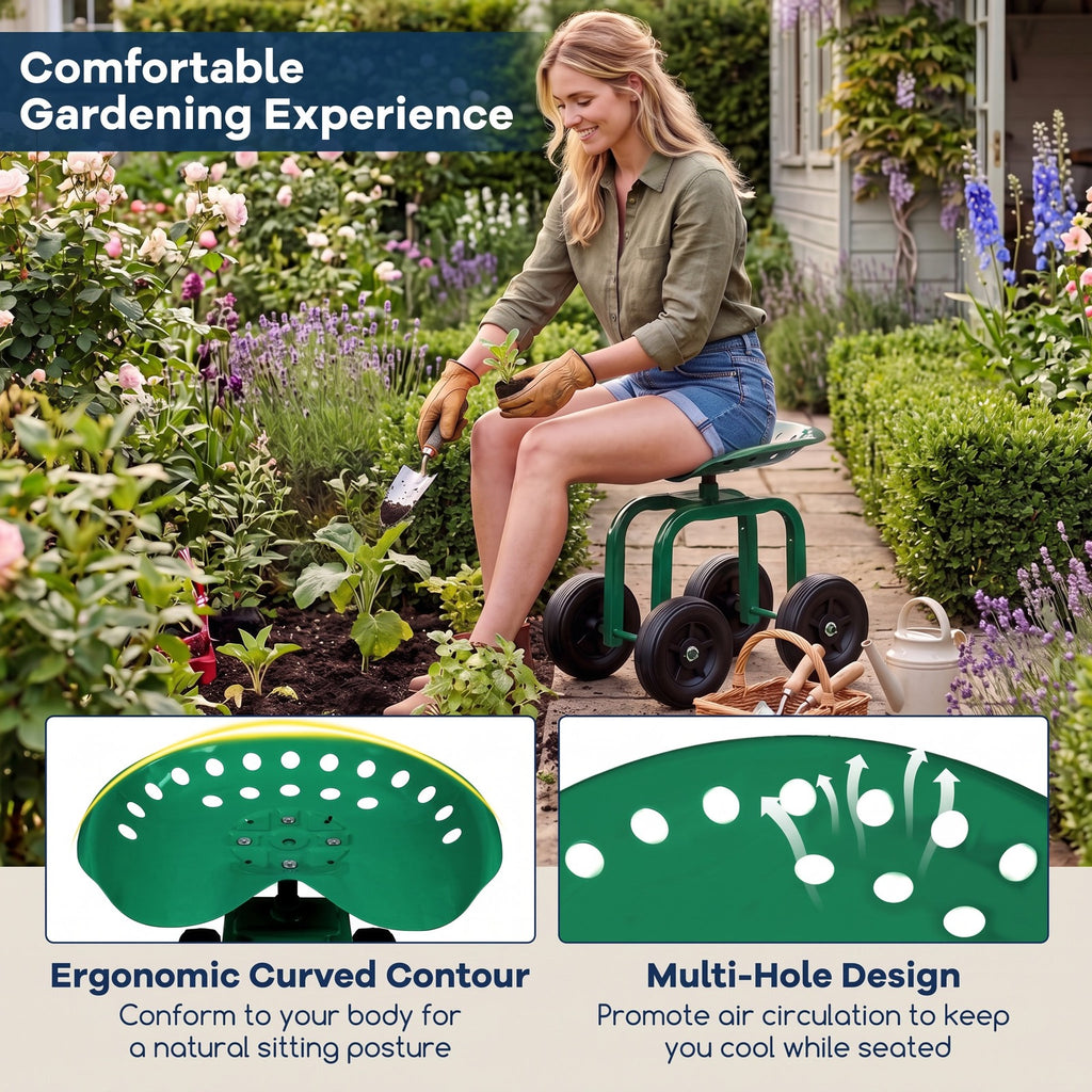 AIRFIND Rolling Garden Work Stool with 360-Degree Swivel Seat, Adjustable 16-19 in Height, 7 in Wheels and 330 lb Capacity, Green