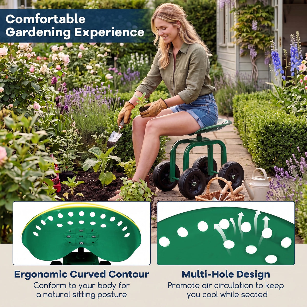 AIRFIND Rolling Garden Work Stool with 360-Degree Swivel Seat, Adjustable 16-19 in Height, 7 in Wheels and 330 lb Capacity, Green