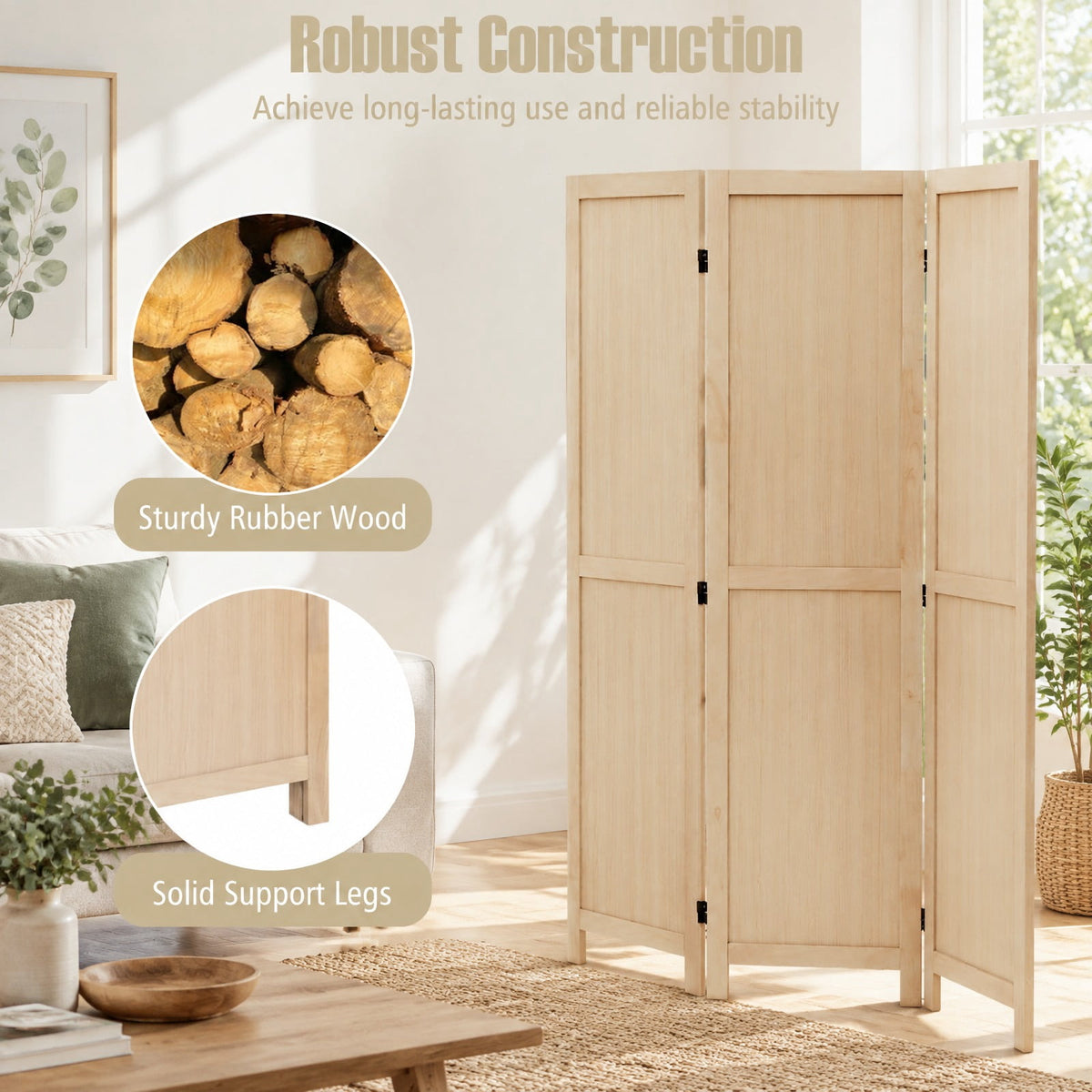 Airfind 3 Panel Folding Room Divider for Home Office Bedroom Restaurant, 53in x 67inFolded Footprint, Beige