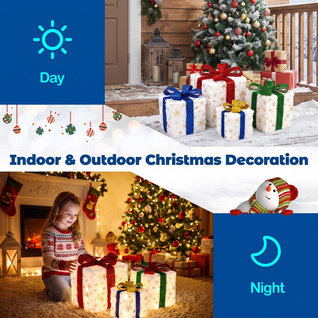 Airfind Set of 3 Christmas Lighted Gift Boxes with 48 Bright Warm Lights, Polyester Fabric PVC Plush Fabric Frame, White+Red+Golden+Green+Blue