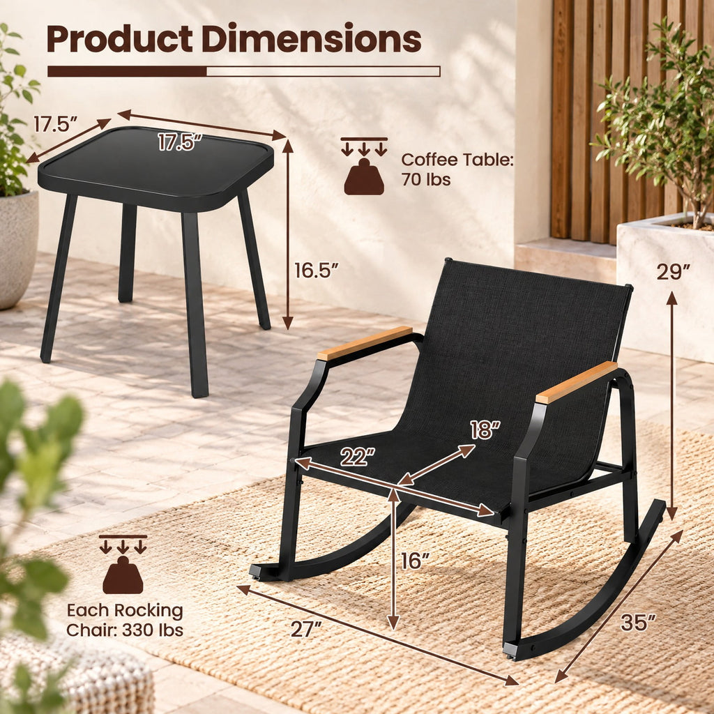 Airfind 3 Piece Patio Rocking Bistro Set with Tempered Glass Coffee Table and Armrests for Porch, Rocking Chair 330 lbs Capacity, Black