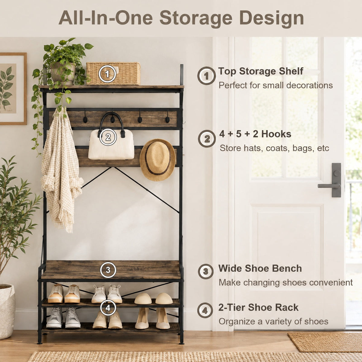 Airfind Coat Rack 4-In-1 Hall Tree with 11 Hanging Hooks Shoe Bench, 341 lbs Capacity, Engineered Wood Metal Frame, 40 x 16 x 72.5 Footprint