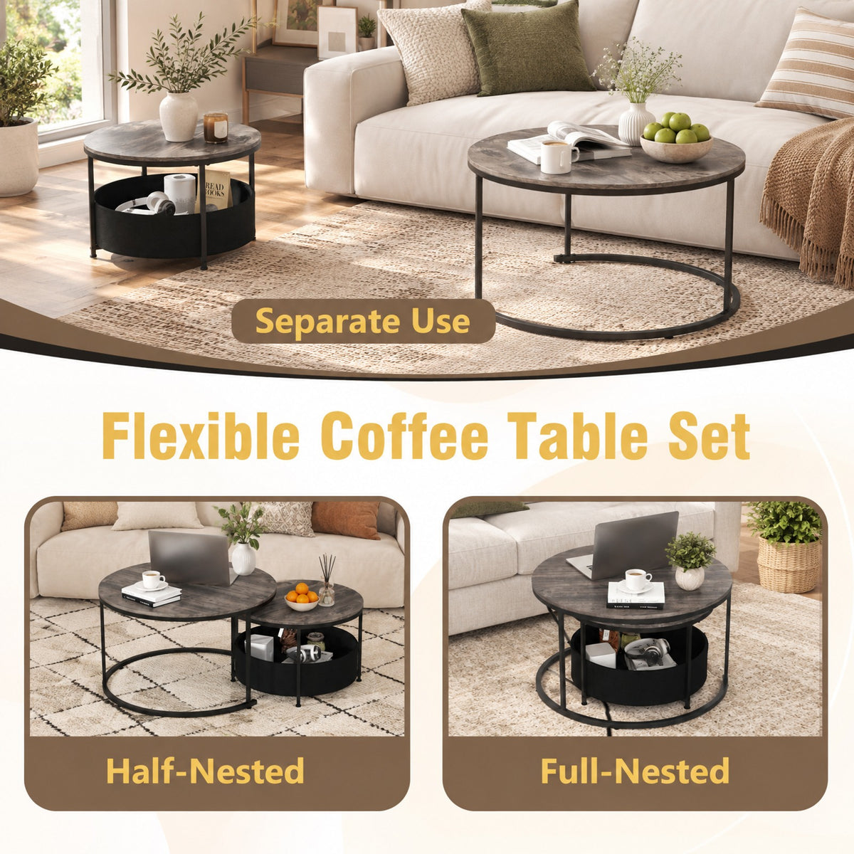 Airfind Round Coffee Table Set of 2 31.5 and 24 Circle Cocktail Table with Fabric Storage Basket, 110 lbs Capacity, 31.5 x 19 Footprint, Gray