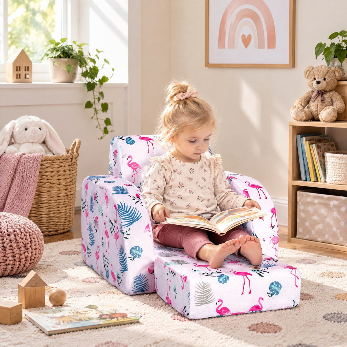 Airfind 3-in-1 Convertible Kid Sofa Bed Flip-Out Chair Lounger for Toddler, 66 lbs Capacity, Velvet fabric sponge Fully expanded Frame, Pink