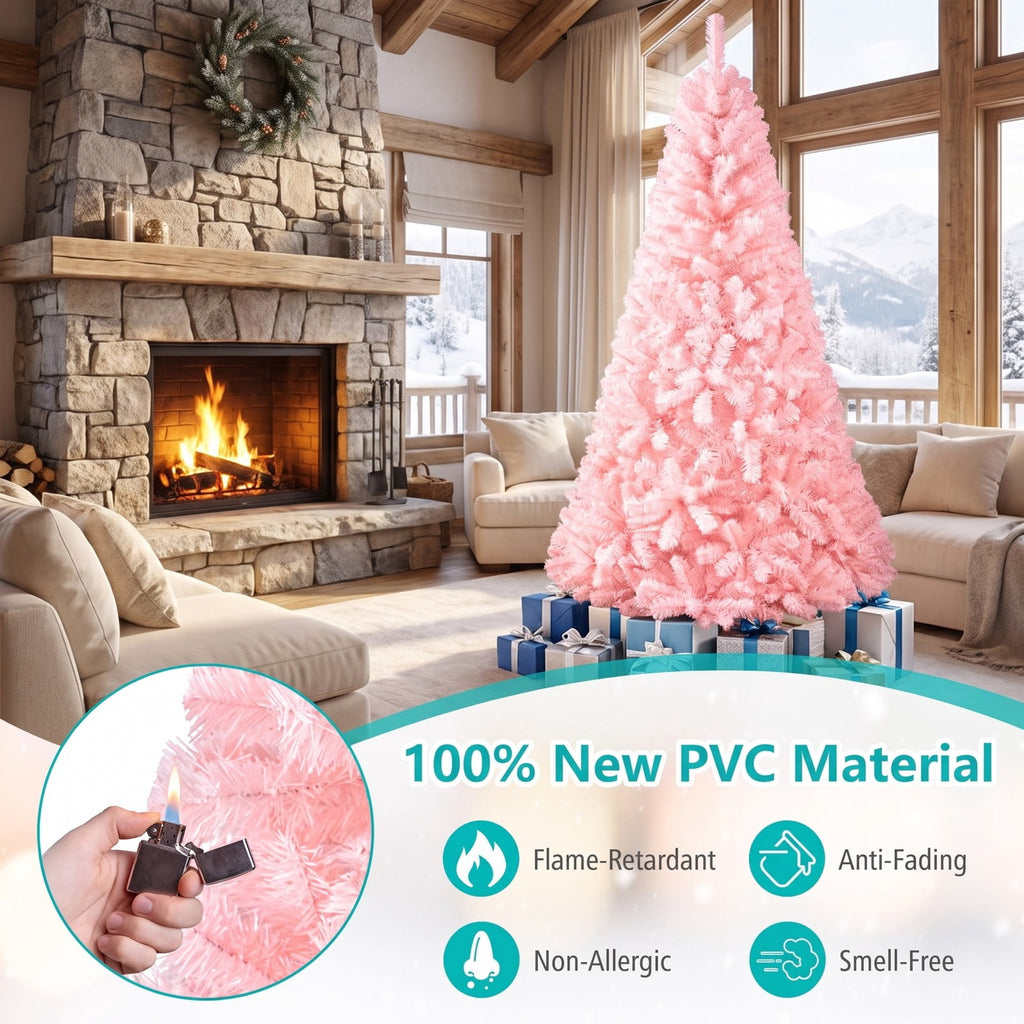 Airfind 6/7 Feet Artificial Christmas Tree Hinged Full Fir Tree-6 Feet, PVC Metal Tree Height 7 ft 6 ft Tree Width 4.1 ft 3.4 ft Frame, Pink