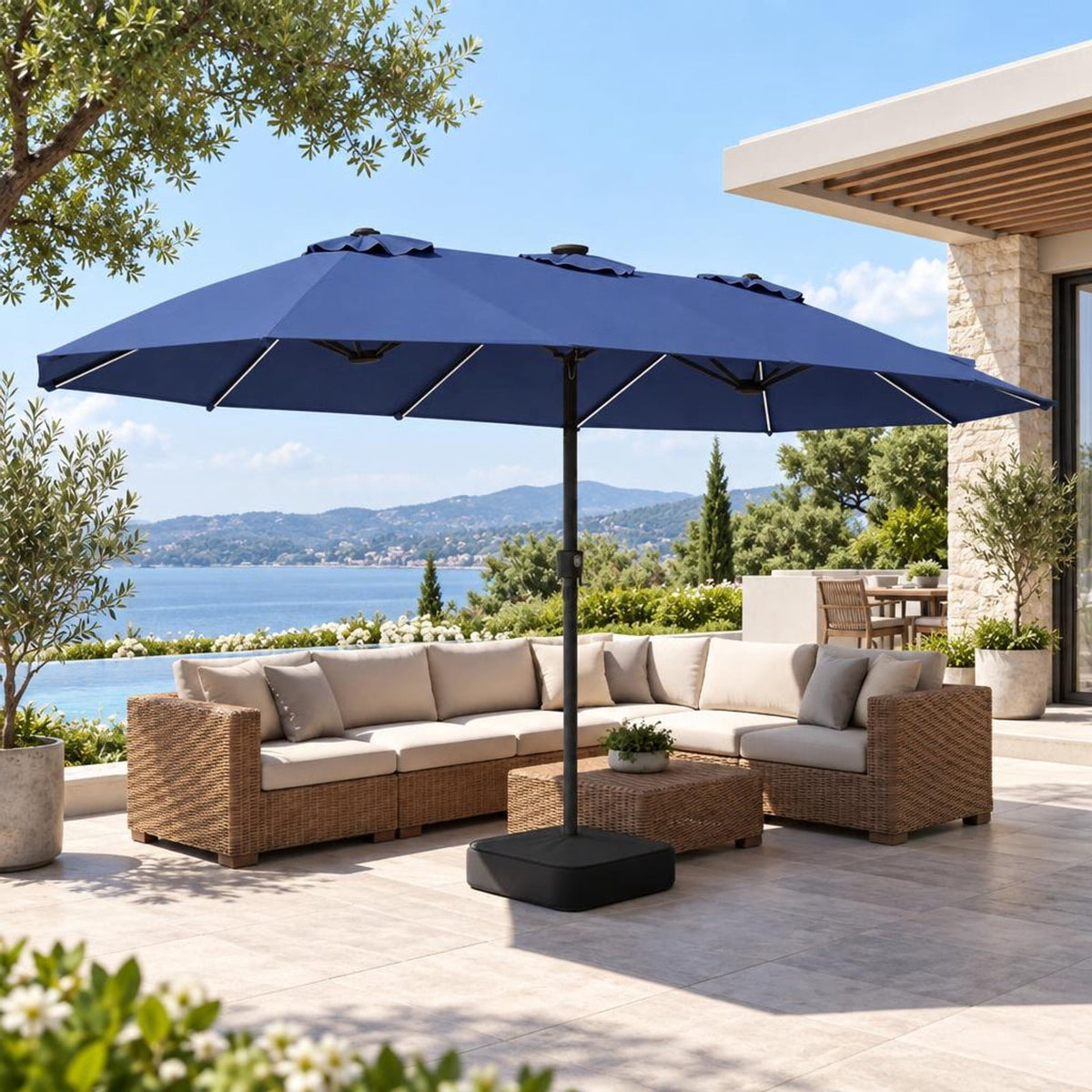 Airfind 15.5FT Extra-Large Patio Umbrella with Base 12 Reinforced Ribs, 180G Polyester Fabric Metal External Frame, Navy