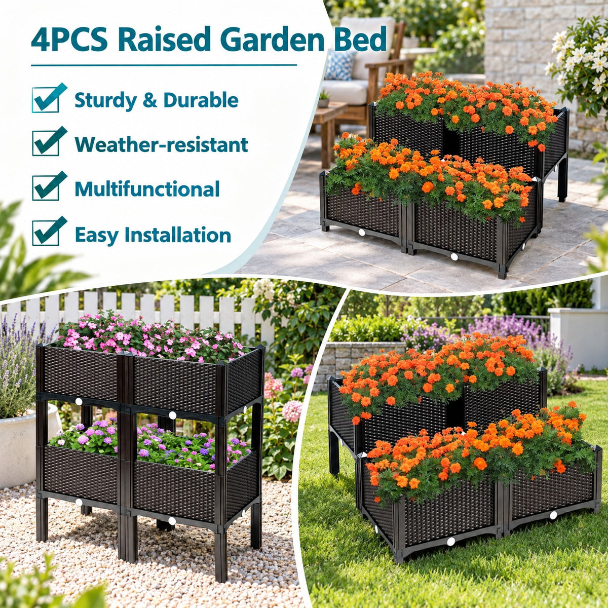 Airfind Set of 4 Elevated Flower Vegetable Herb Grow Planter Box, Reinforced PP materials Frame, Brown