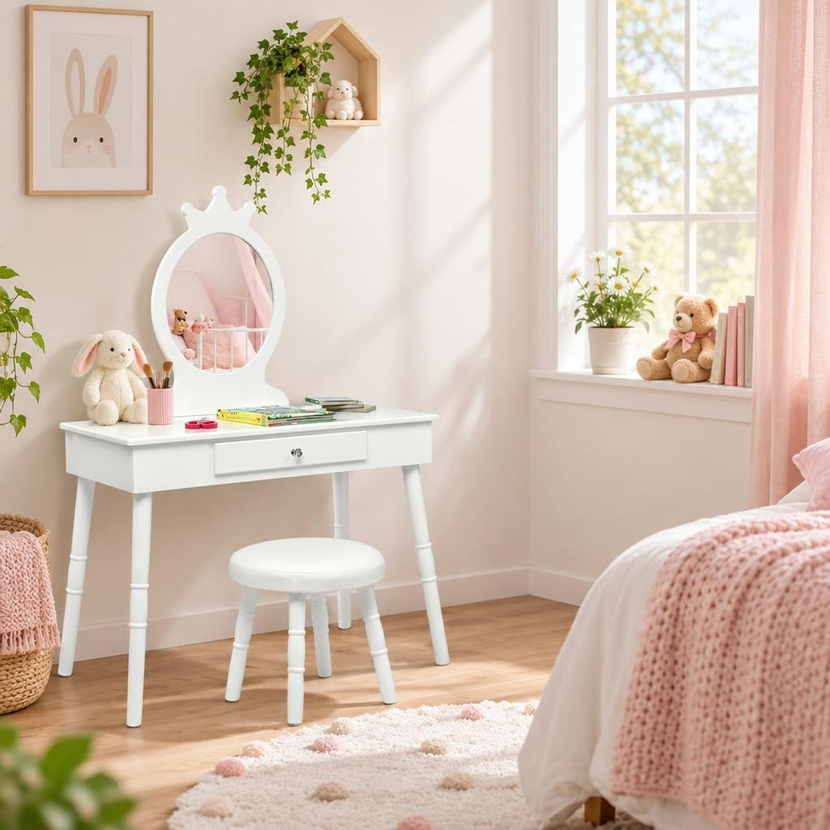 Airfind Kids Vanity Makeup Table and Chair Set Make Up Stool, 33 lbs Capacity, MDF pine wood Frame, 27.5 Inch x 13.5 Inch x 40 Inch Footprint, White