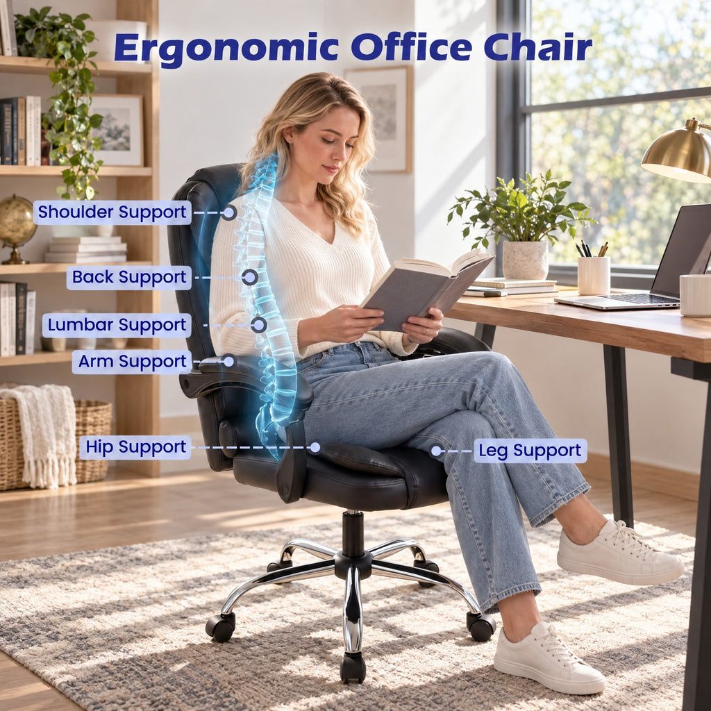 Airfind Big High Back Executive Chair with Linkage Armrests and Leather Padded Seat for Office, 330 Lbs Capacity with Black: PVC Leather Sponge, Black