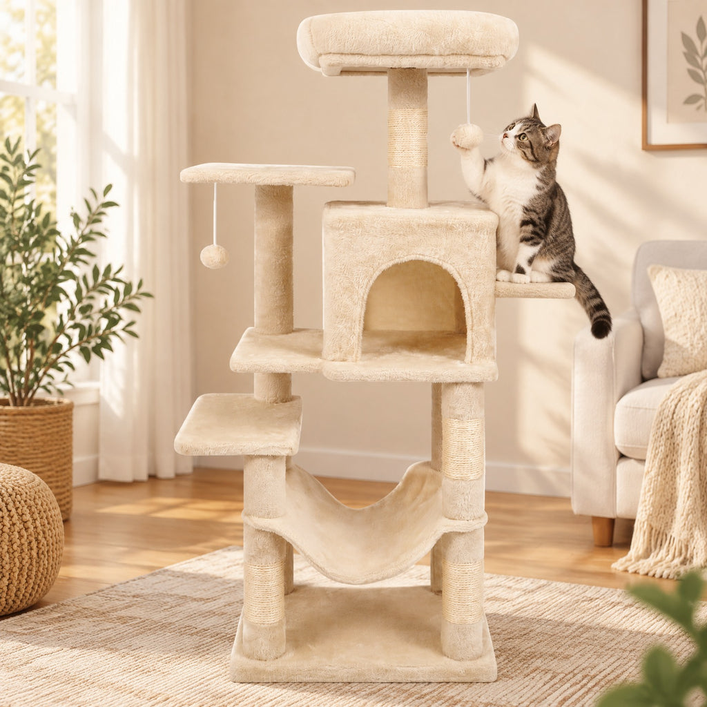 Airfind Multi-Level Cat Tower with 2-Door Condo and Padded Top Perch, PP Cotton Fabric Sisal Engineered Wood Overall Height 44 Base Frame, Beige