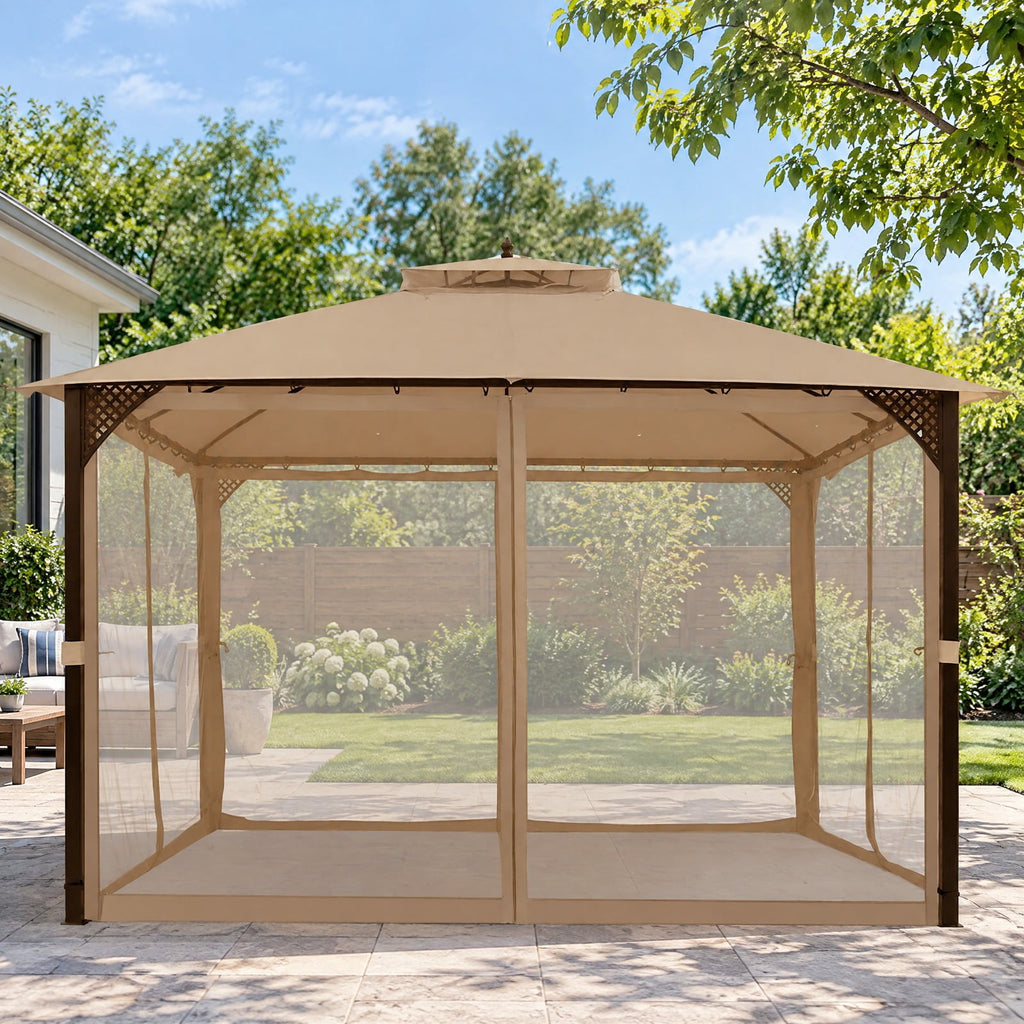 Airfind 12 x 10 Feet Outdoor Double Top Patio Gazebo with Netting, Polyester steel Frame, 12 x 10 x 9.5 Footprint, Brown