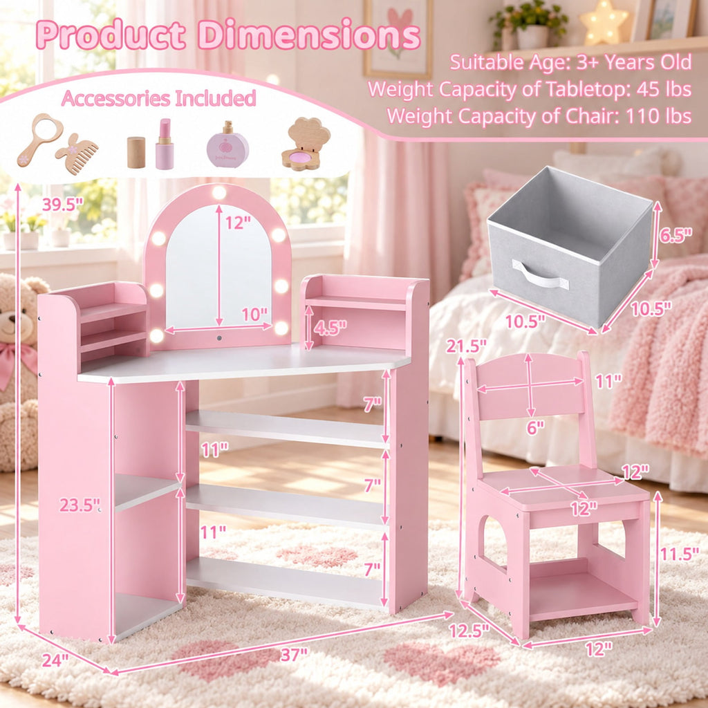 Airfind 2-In-1 Kids Vanity Set with Lights for Toddlers 3+ Years Old, 45 lbs Capacity, MDF Non-woven Fabric Frame, 37 x 24 x 39.5 Footprint, Pink