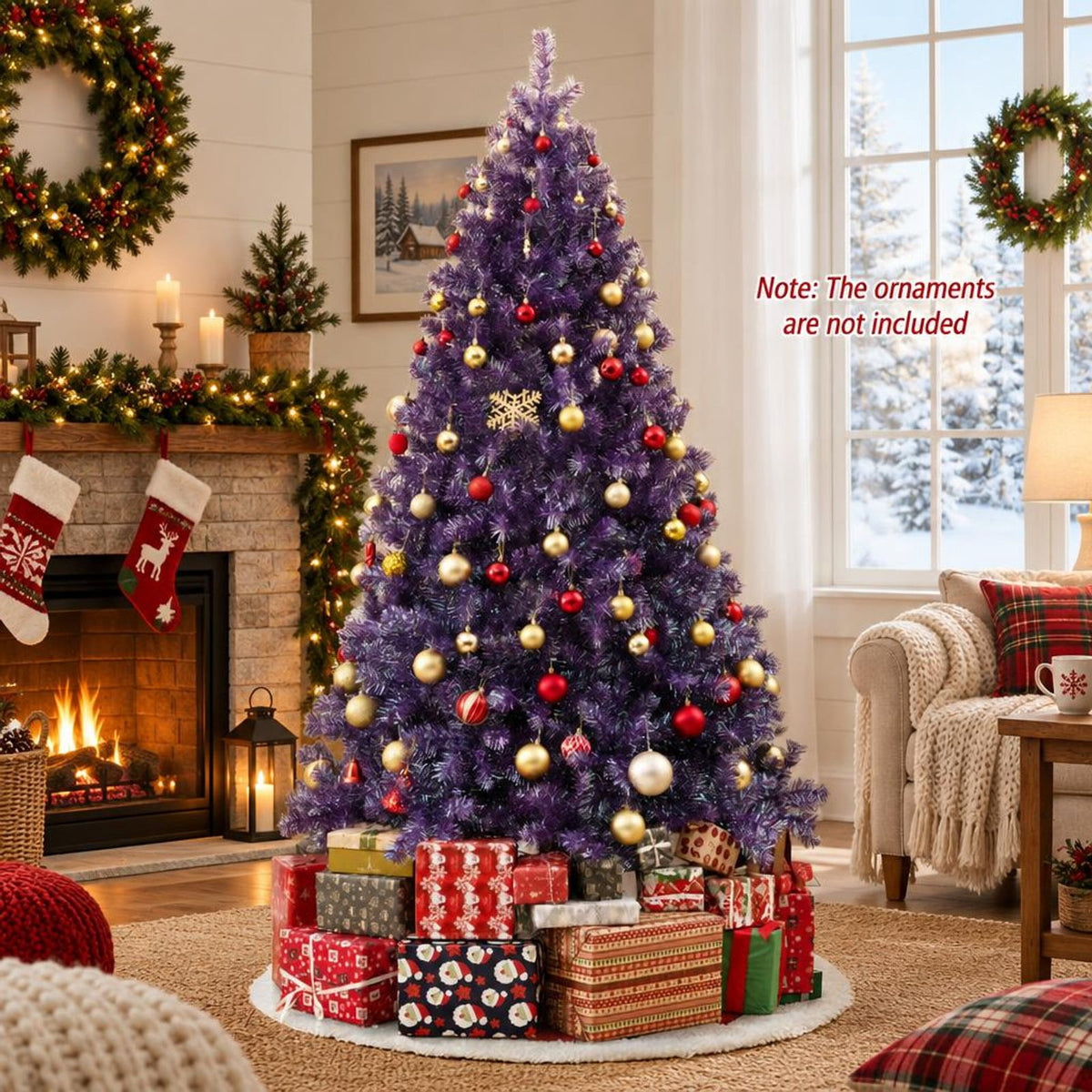 Airfind 7.5 FT Pre-Lit Purple Tinsel Christmas Tree with Warm White LED Lights, PVC and PET Artificial Fir Tree with Metal Stand, Purple