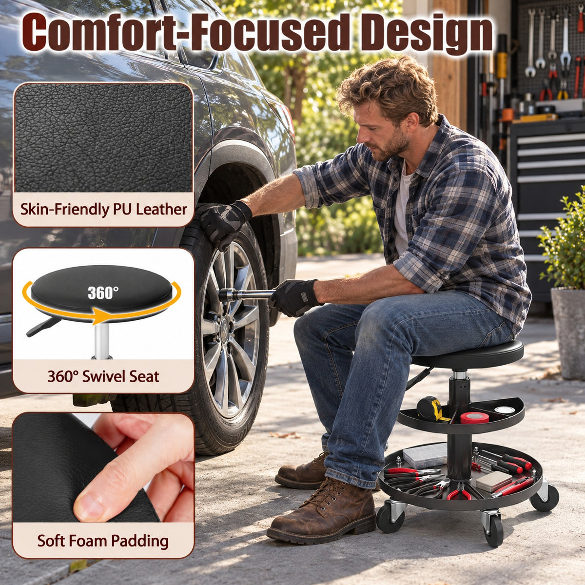 Airfind 16.5-22 Adjustable Height Seat Rolling Mechanic Stool with Wheels, 265 lbs Capacity, PU Leather Frame, 15 x 15 x 16.5-22 Footprint