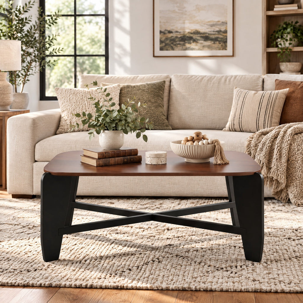 Airfind Modern Coffee Table with Rubber Wood Cross-Leg Base Rectangular Center Table, Walnut, Dimensions 35.5 x 22 x 15Ground Clear