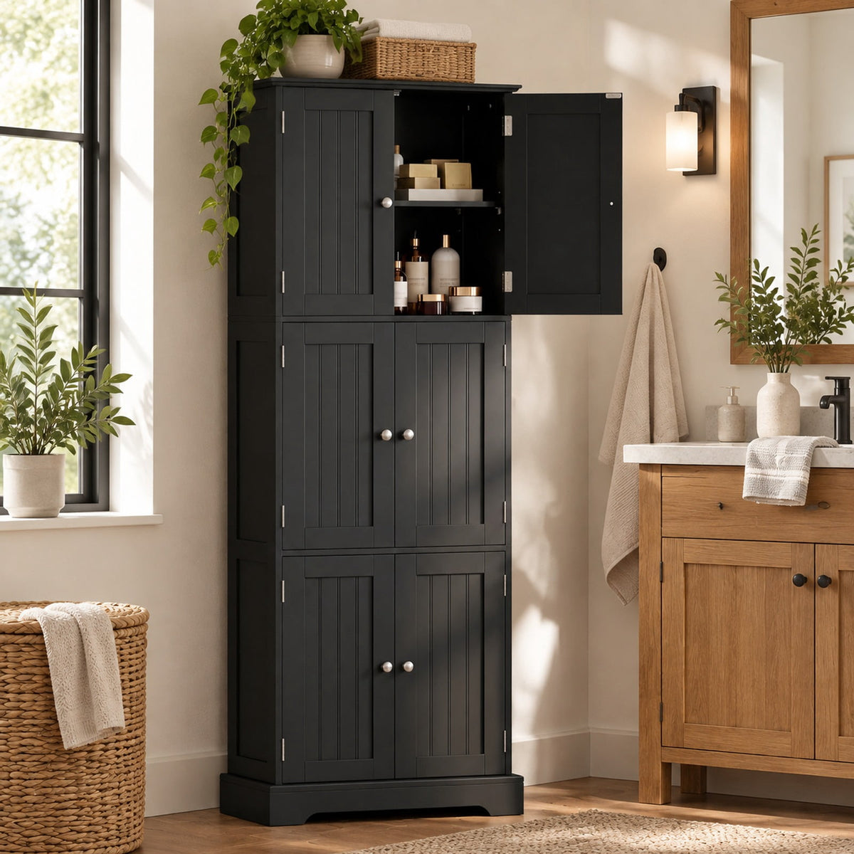 Airfind 63 Inch Tall Bathroom Storage Cabinet with 6 Doors and Adjustable Shelves, 44 lbs Capacity, Engineered Wood Frame, Black