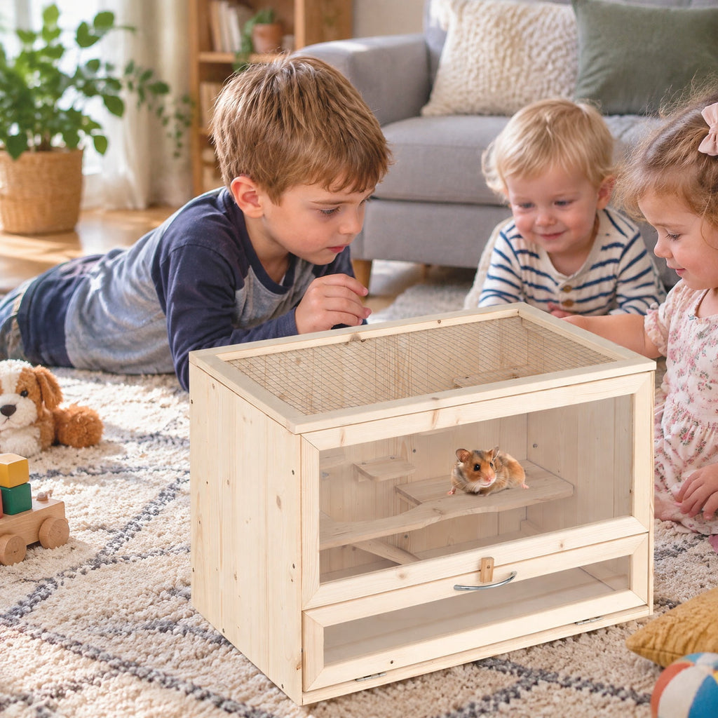 Airfind Wooden Hamster Cage with Mesh Flip Roof, Fir Wood Acrylic Frame, 23.5 x 14 x 16.5 Cage Inside Footprint, Natural
