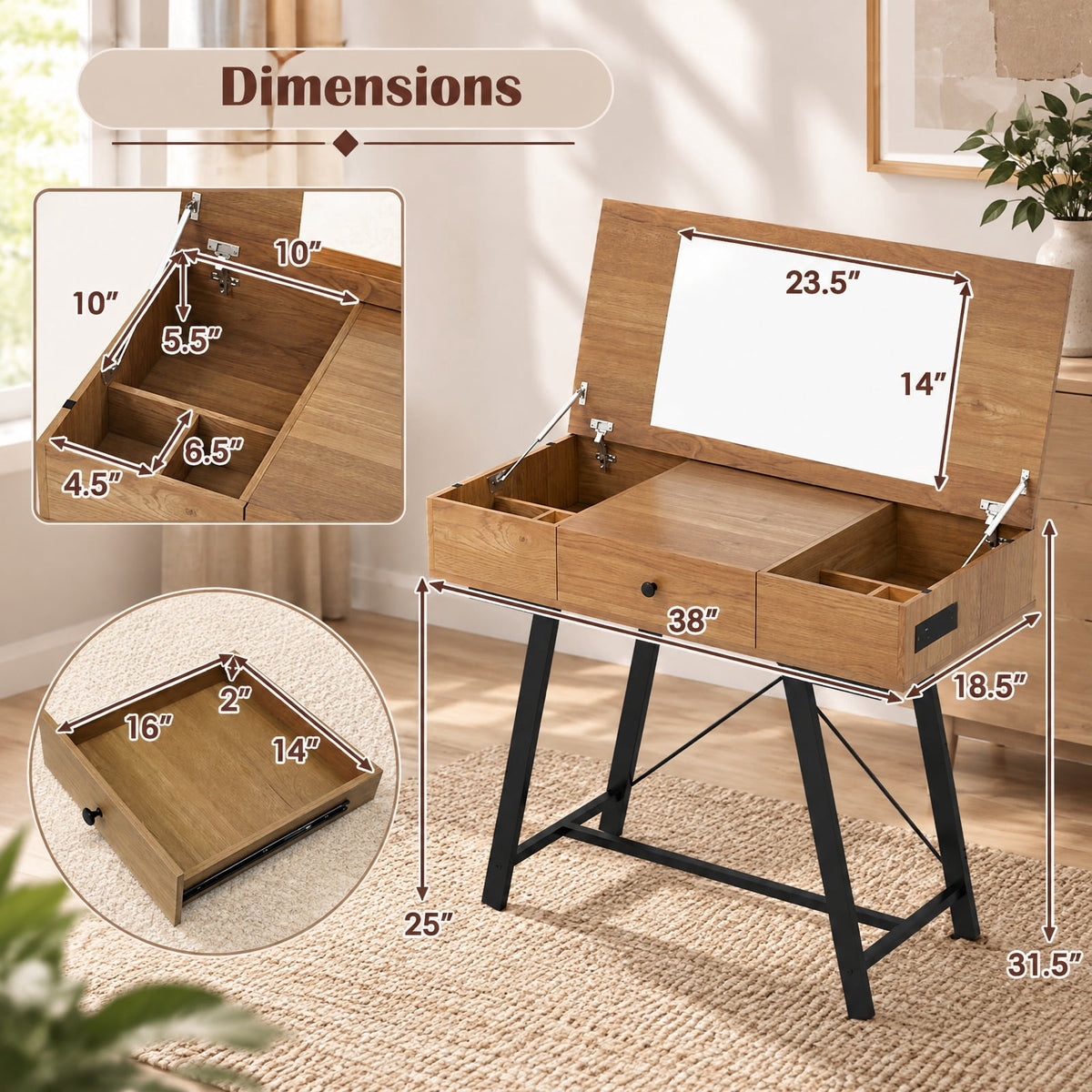 Airfind Vanity Desk with Flip Top Mirror Makeup Dressing Table, 88 lbs Capacity, Metal Engineered Wood Glass Frame, 38 x 18.5 x 31.5 Footprint