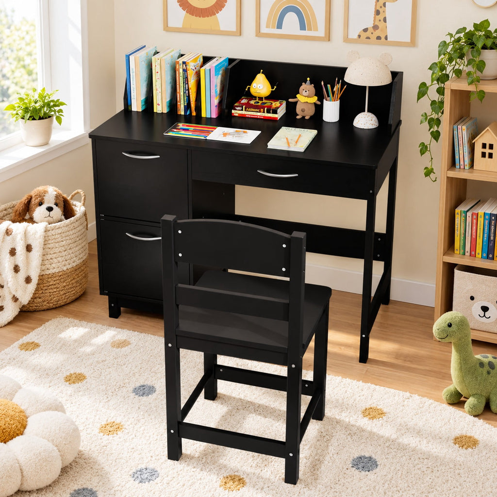 Airfind Wooden Kids Study Desk and Chair Set Student Workstation, 110 lbs Capacity, MDF Solid Wood Frame, for 3+, 35.5 x 18 x 32 Footprint, Black