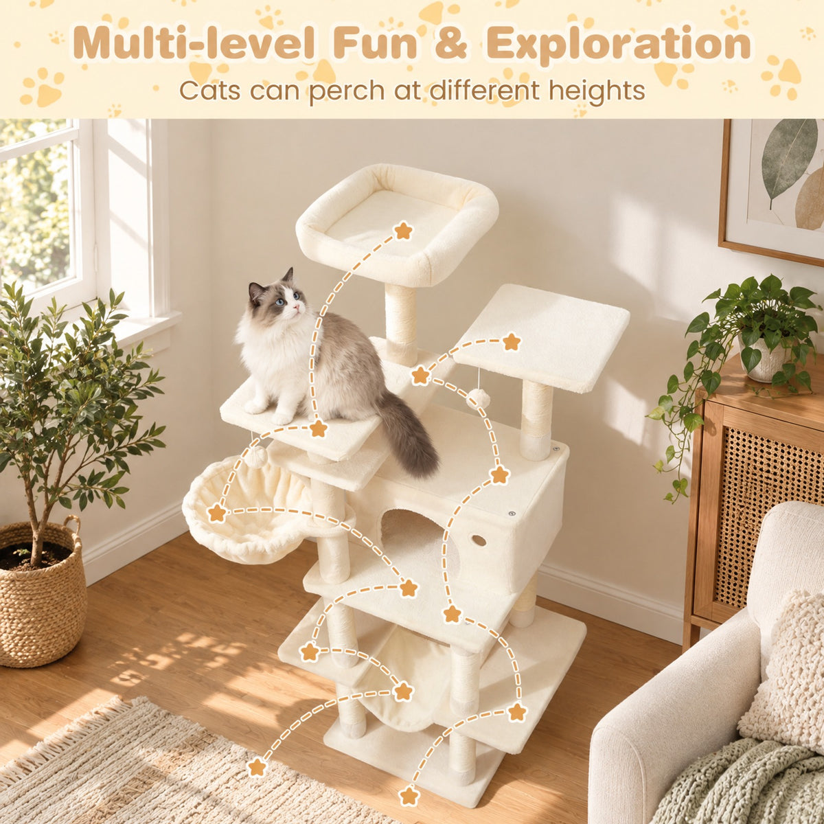 Airfind Large Cat Tree for Indoor Cats 63 Inch Tall Cat Tower, Plush Fabric Sisal Engineered Wood Base Frame, Beige