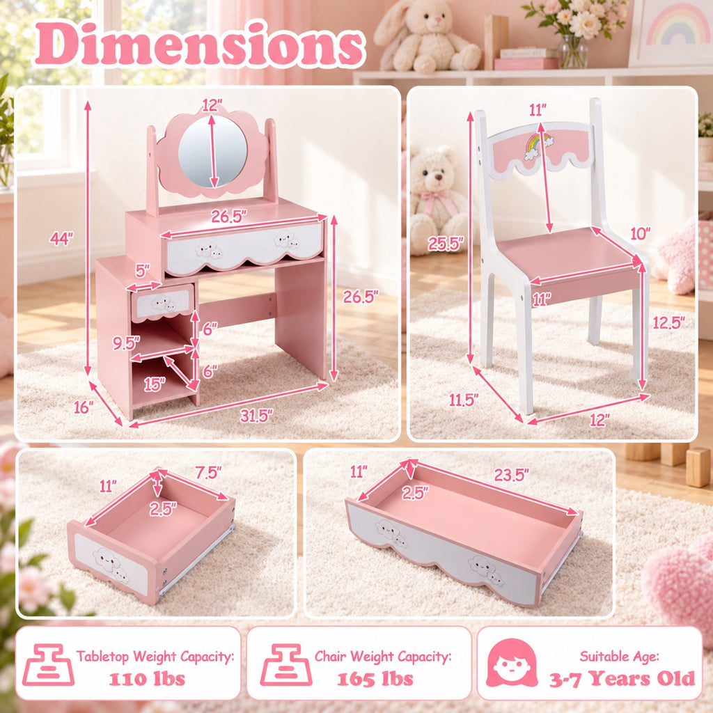 Airfind Kids Vanity Set with 360° Rotating Mirror Chair for Girls, 110 lbsChair Capacity, Engineered Wood GlassTable Frame, Pink