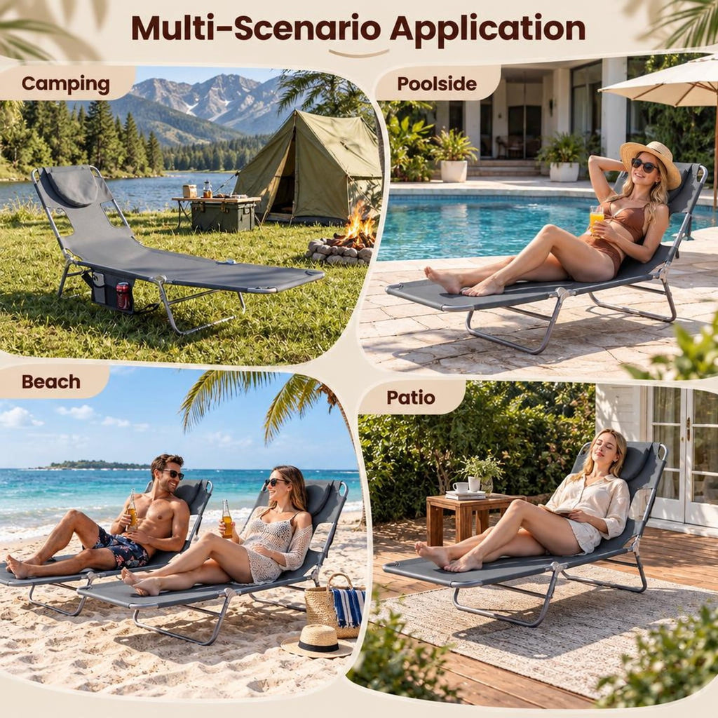 Airfind Folding Beach Lounge Chair with Adjustable Backrest for Lawn, 330 lbs Capacity, Metal Oxford Fabric Polyester Sponge Frame, Gray