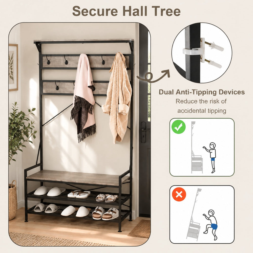 Airfind Coat Rack 4-In-1 Hall Tree with 11 Hanging Hooks Shoe Bench, 341 lbs Capacity, Engineered Wood Metal Frame, 40 x 16 x 72.5 Footprint