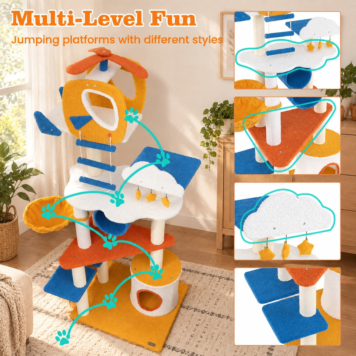 Airfind 70 Inch Tall Aviation-themed Cat Tree with Helicopter Top Perch and Platforms, 22 lbs Capacity, Engineered Wood Sisal Teddy Fleece Frame