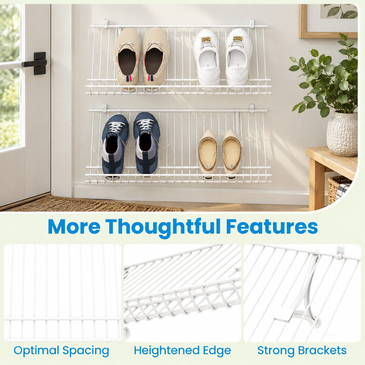 Airfind Closet Shelves Wall Mounted Set of 2 Metal Wire Shoe Racks, 11 lbs Capacity, Metal Frame, 24 Inch x 12 Inch x 1 Inch Footprint, White