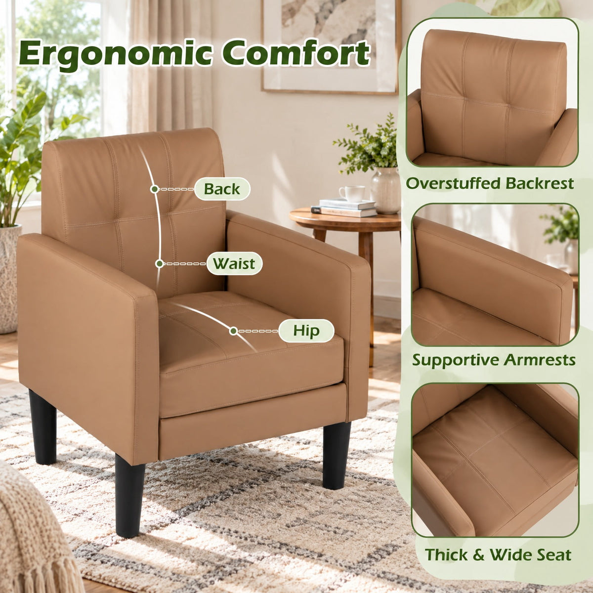 Airfind PU Leather Modern Accent Chair with Removable Seat Cushion, 350 lbs Capacity, PU Leather Sponge Plywood Plastic Frame, Brown