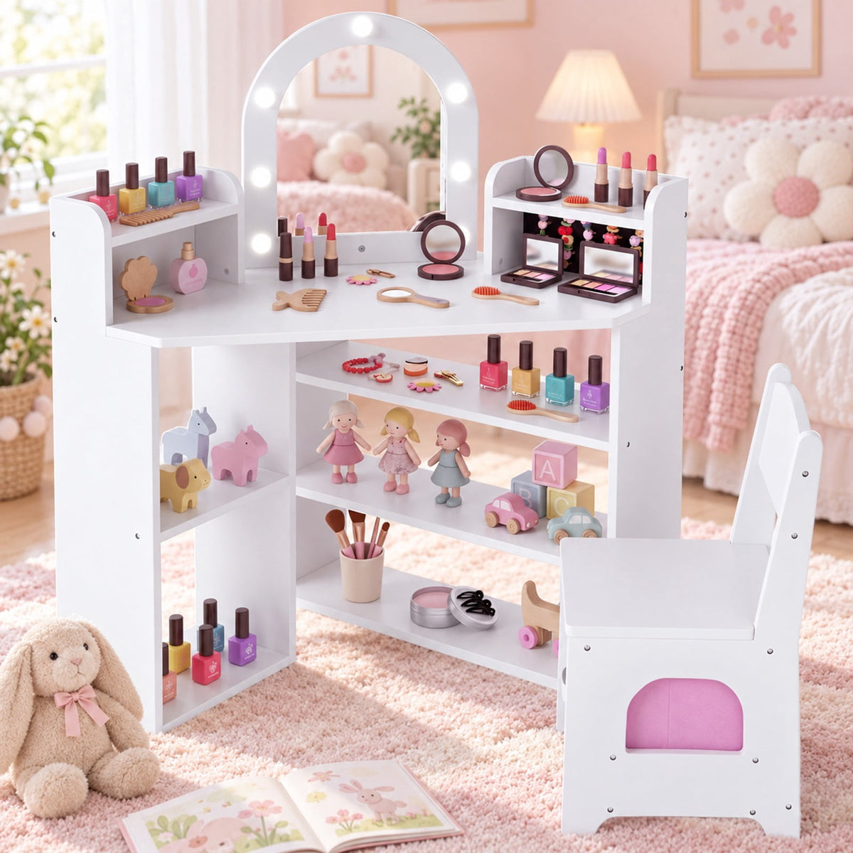 Airfind 2-In-1 Kids Vanity Set with Lights and Ring Slots for Toddlers 3+ Years Old, 45 lbs Capacity, MDF Non-woven Fabric Frame, White
