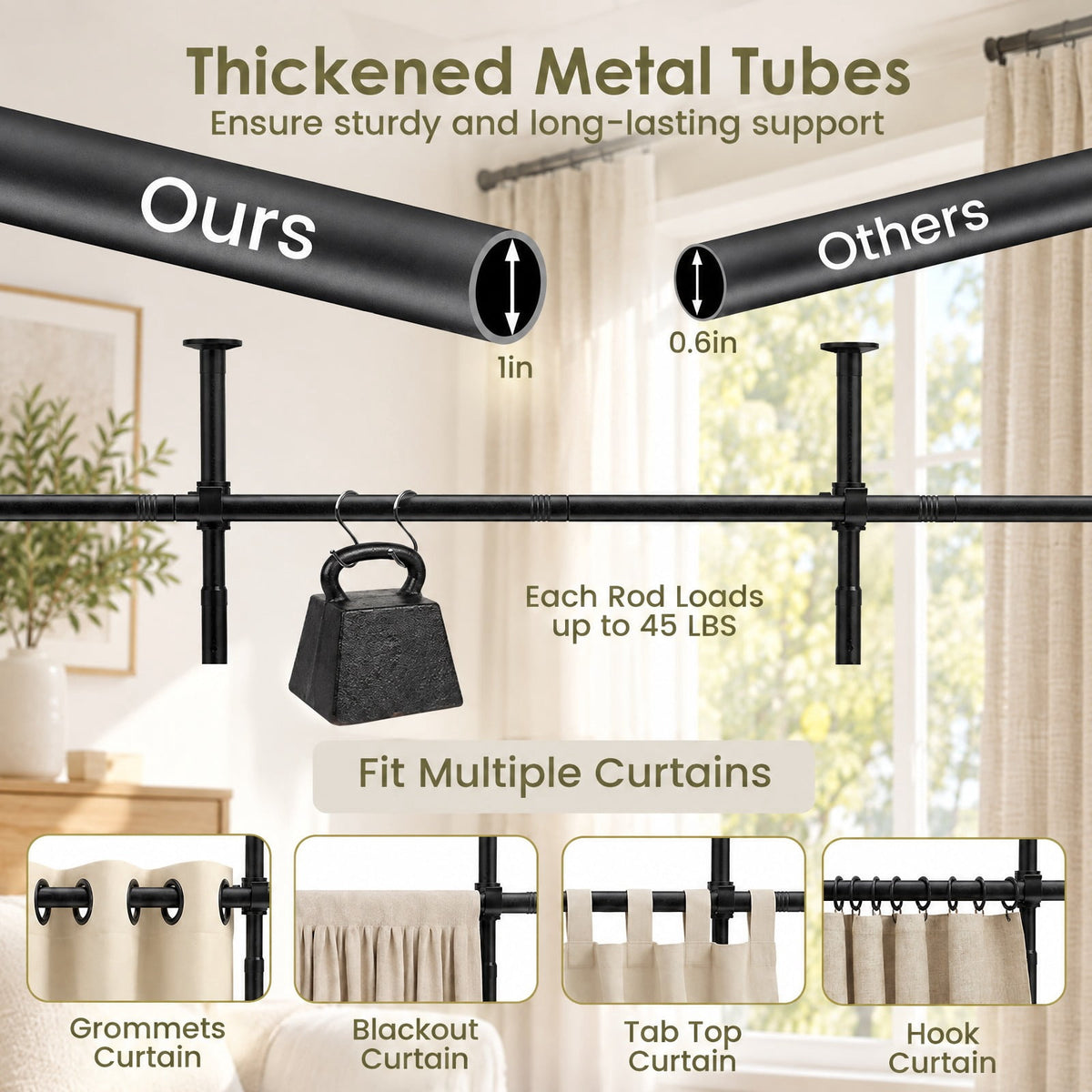 Airfind Room Divider Curtain Rod with Adjustable Floor to Ceiling Tension Rod (Curtains Not Included), 45 lbs Capacity, Metal Frame, Black