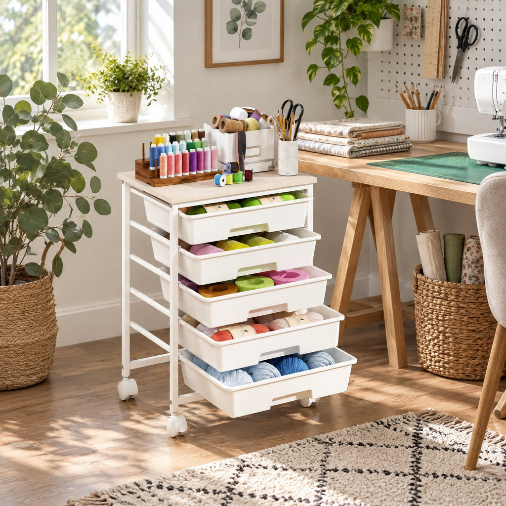 Airfind 5-Drawer Rolling Cart with Wooden Tabletop and Metal for Craft Room, 33 lbs Capacity, Metal PP Engineered Wood, White