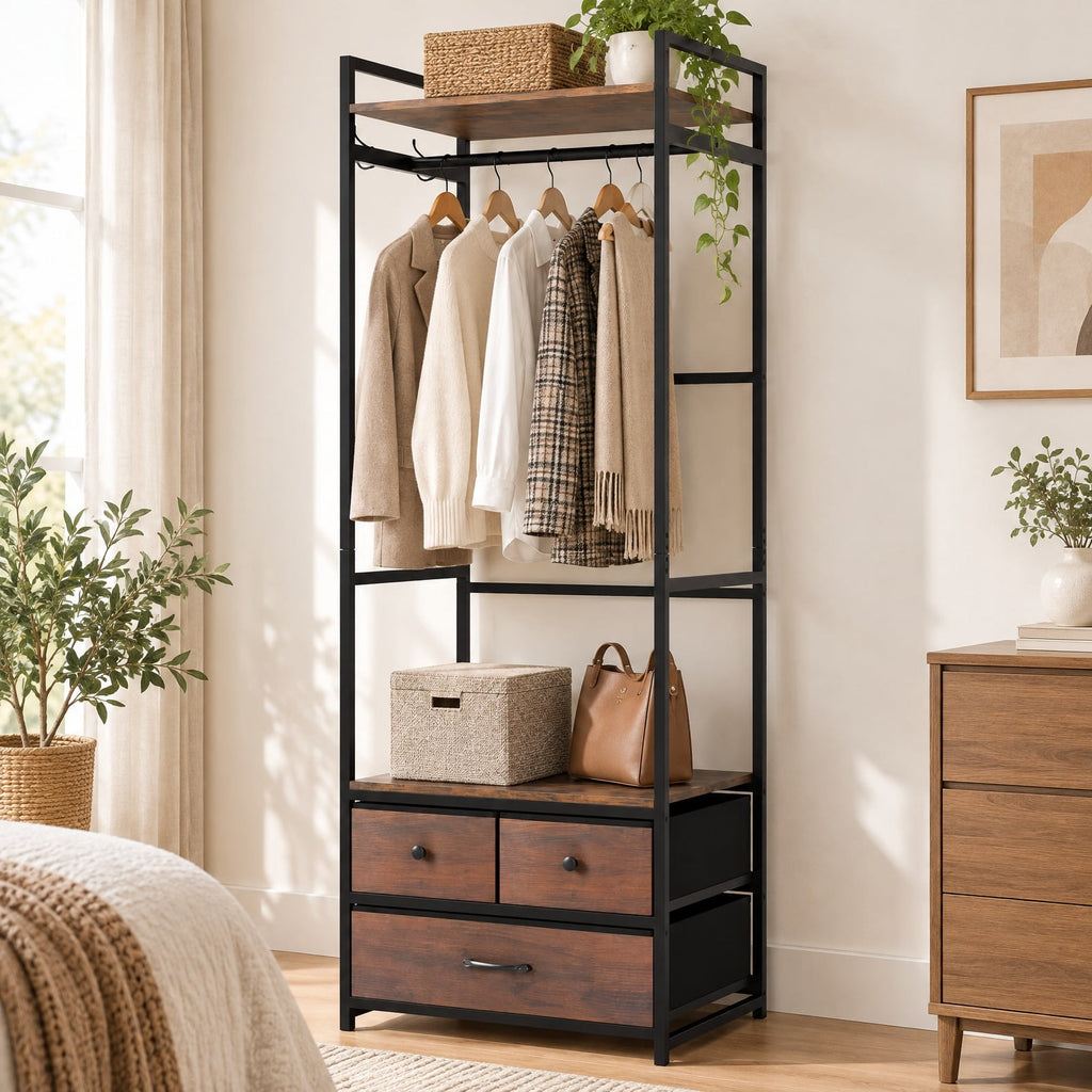 Airfind Clothes Rack with Drawers and Shelves with Side Hooks and Metal Frame, 22 lbs Capacity, Metal Engineered Wood Fabric Frame, Brown