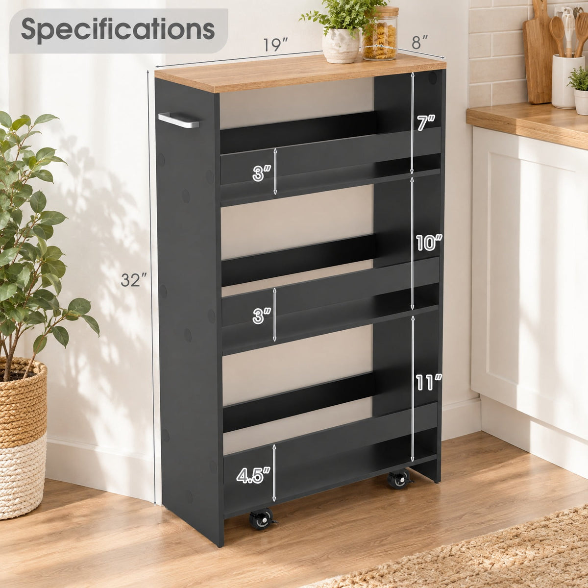 Airfind 4-Tier Rolling Storage Cart Slim Kitchen Cart on Wheels with Open Shelves and Handle, 15 lbs Capacity, Engineered Wood Metal Frame, Gray