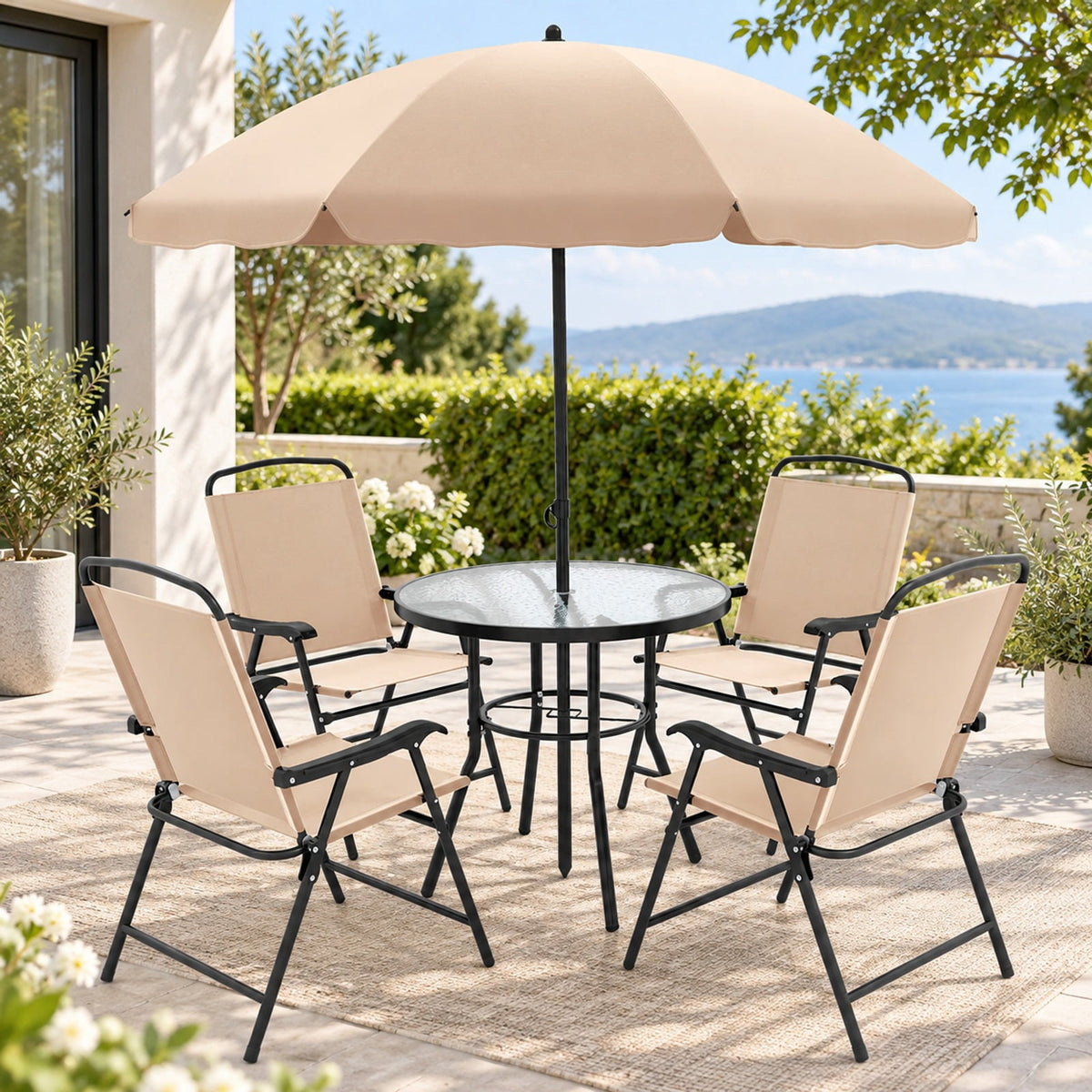 Airfind 6 Pieces Patio Dining Set with Umbrella and 4 Folding Armchairs, 165 lbs Capacity, Metal Fabric Frame, 23 x 21.5 x 34 Footprint, Beige