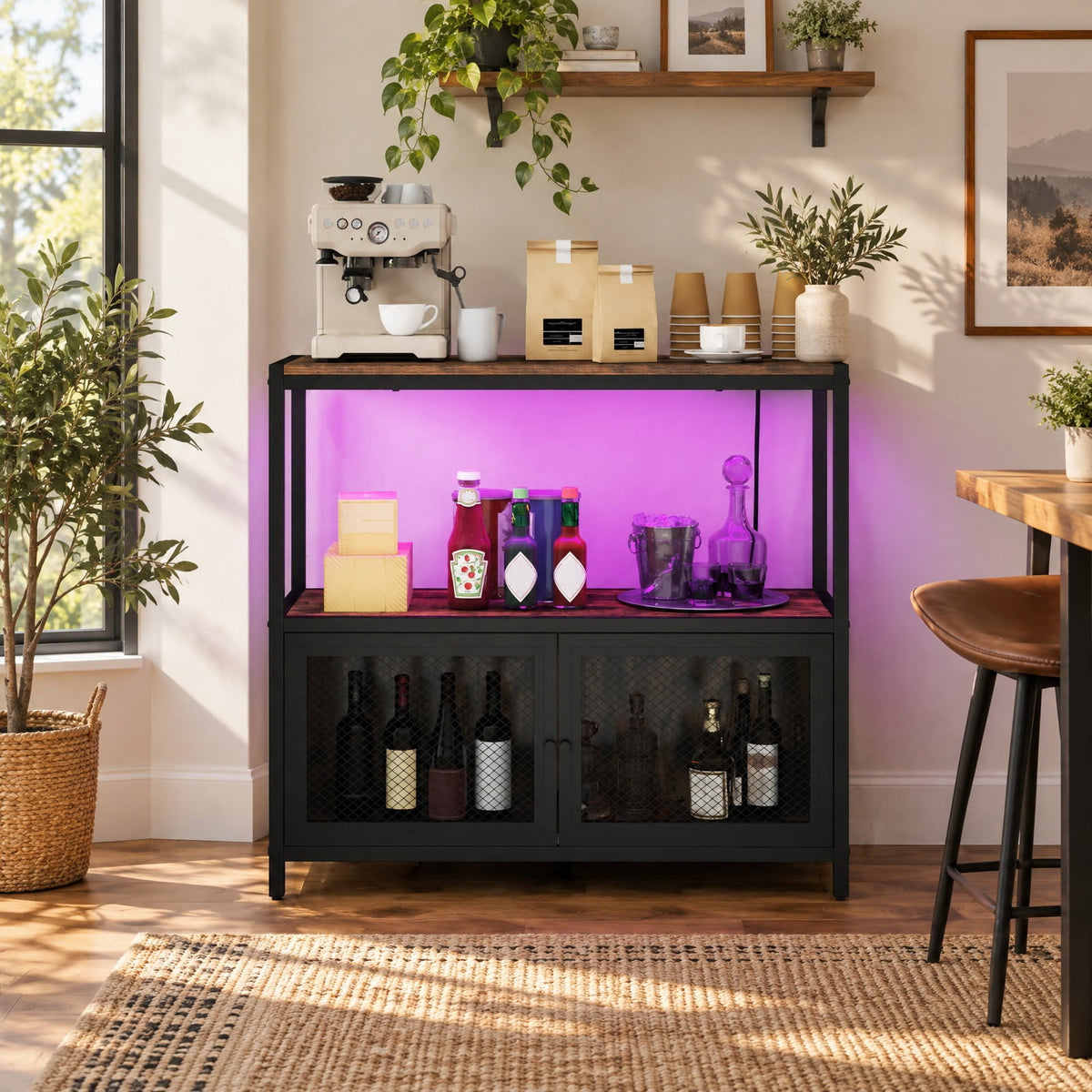 Airfind Industrial Coffee Bar Cabinet with LED Lights and Charging Station, 110 Lbs Capacity, Metal Engineered Wood MDF, Coffee
