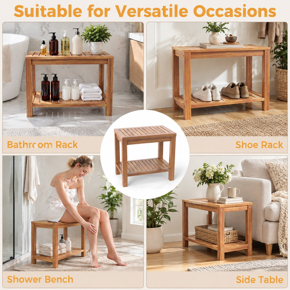 Airfind 24 Inch Teak Wood Shower Bench Inside Shower Stool with Storage Shelf, Teak Wood 19 Inches Frame, 19 x 12.5 x 17.5 Footprint, Wood