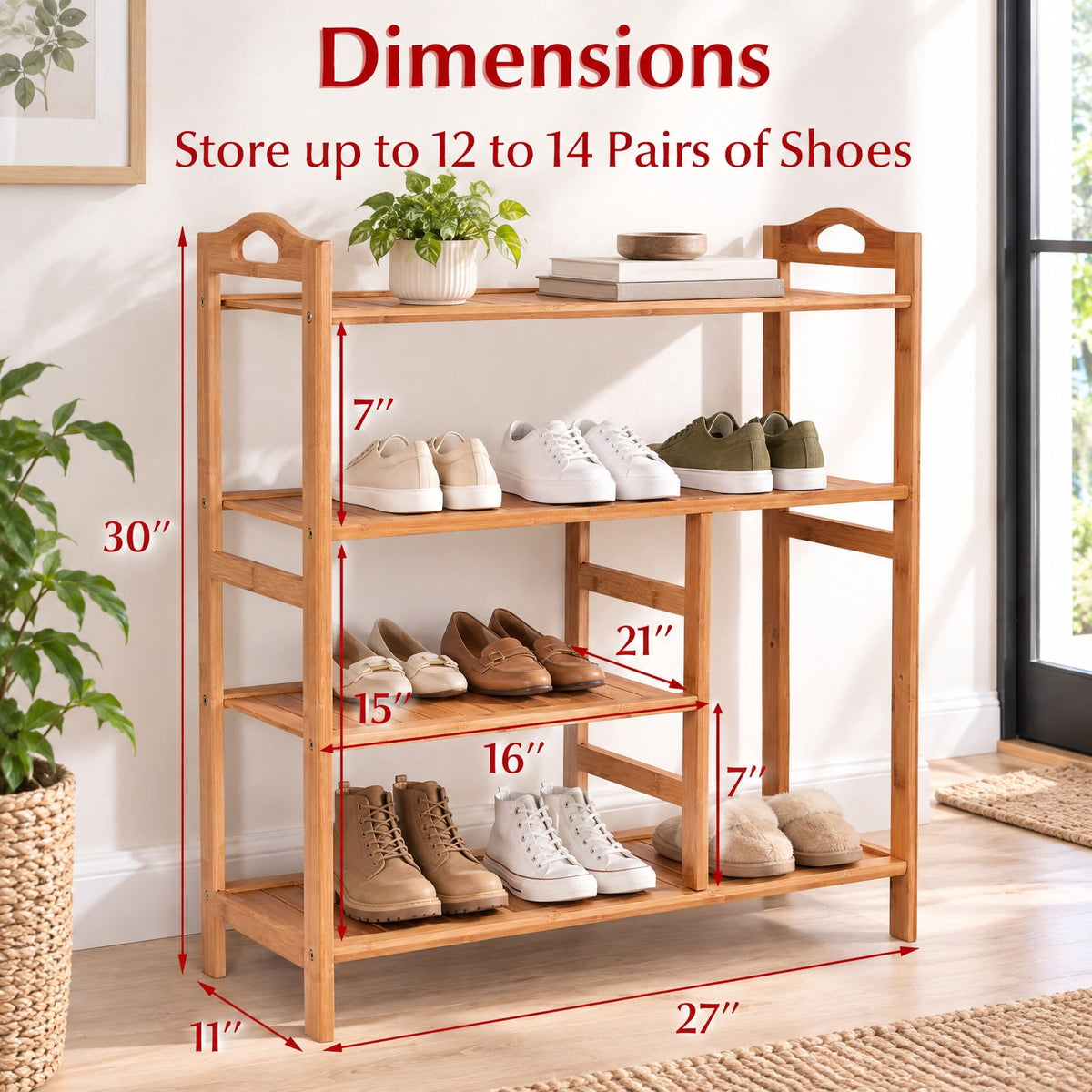 Airfind Shoe Rack, 4 Tiers Multifunction Bamboo Storage, for Entryway Hallway, 44 lbs Capacity, Bamboo Frame, Wood color, Natural