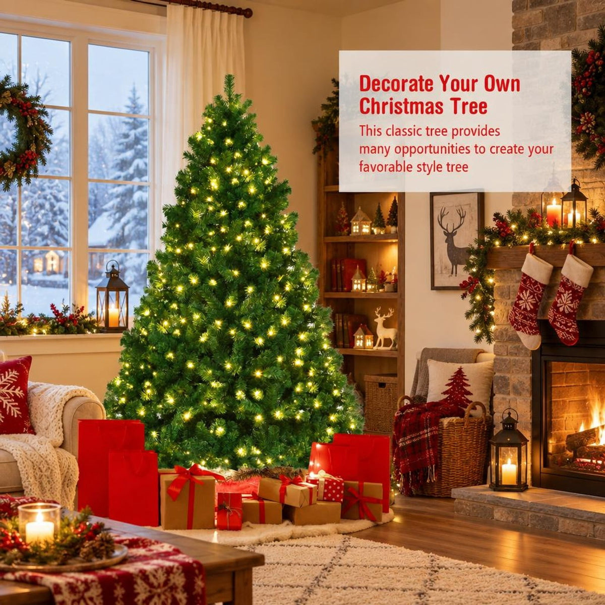 Airfind 7.5 Feet PVC Artificial Christmas Tree with LED Lights-7.5 ft, PVC iron Frame, 4.3 x 7.5 H Footprint, Green