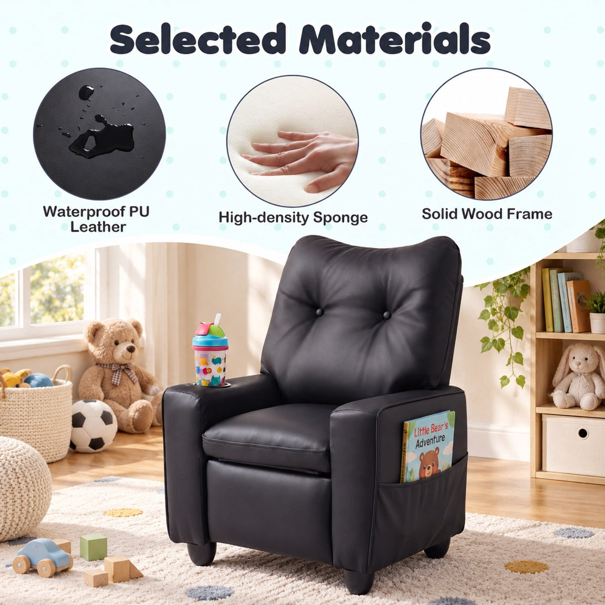 Airfind Youth Recliner featuring Cup Holder Armrests and Adjustable Backrest for Playroom, Wood Frame, 24 Inch x 21 Inch x 30 Inch Lying Footprint, Black