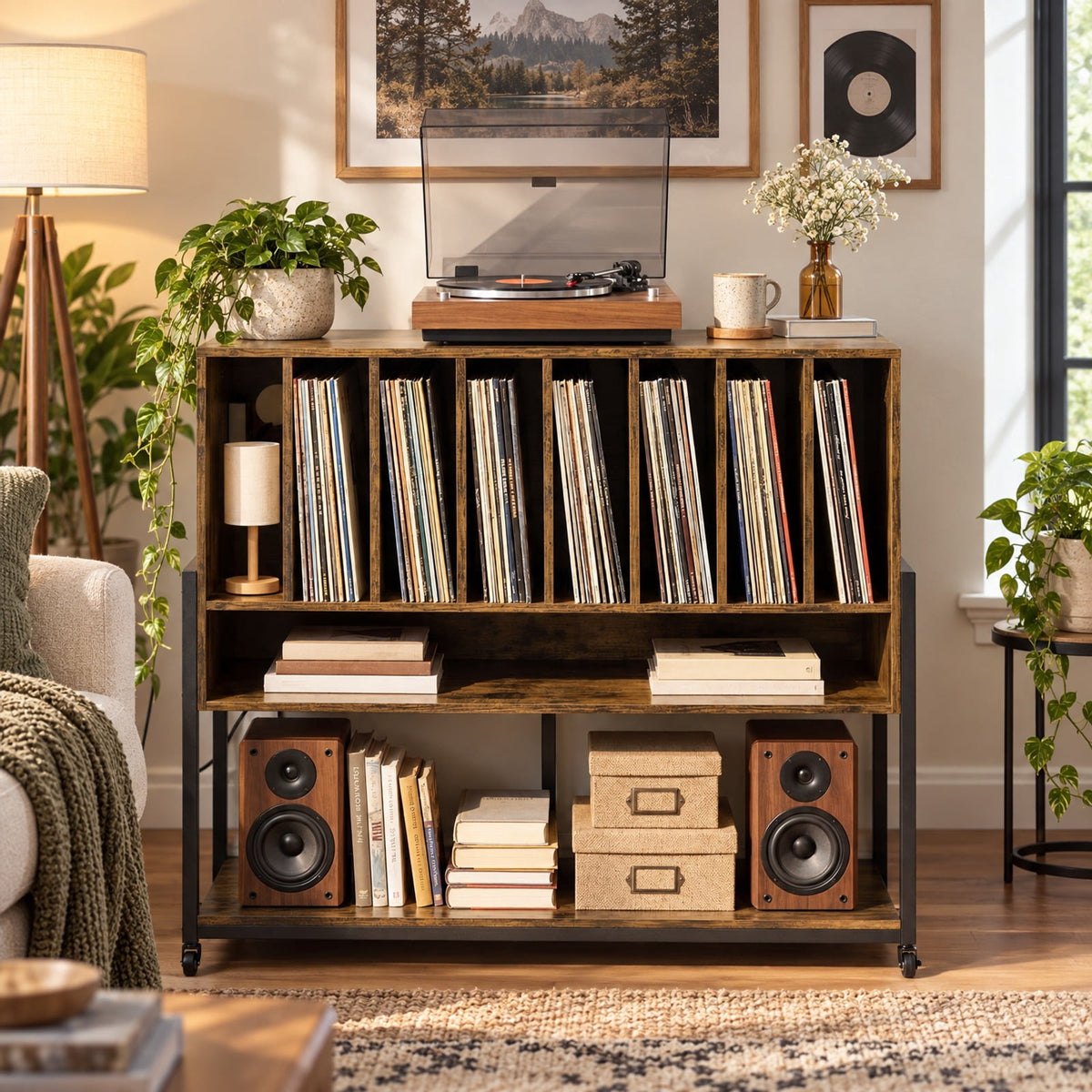 Airfind Turntable Stand with Charging Station and Vinyl Storage Shelves, 44 lbs Capacity, Engineered Wood MDF Metal Frame, Brown