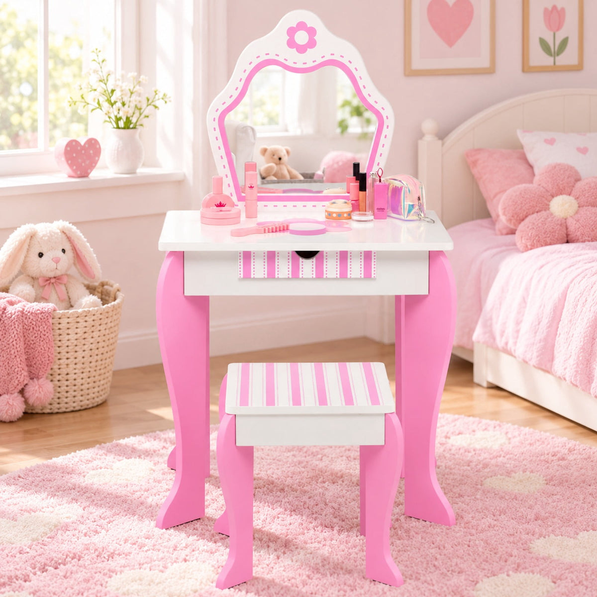 Airfind 2-in-1 Toddler Vanity Set with Detachable Top and Cute Flower Patterns, 66 lbs Capacity, MDF acrylic Frame, White