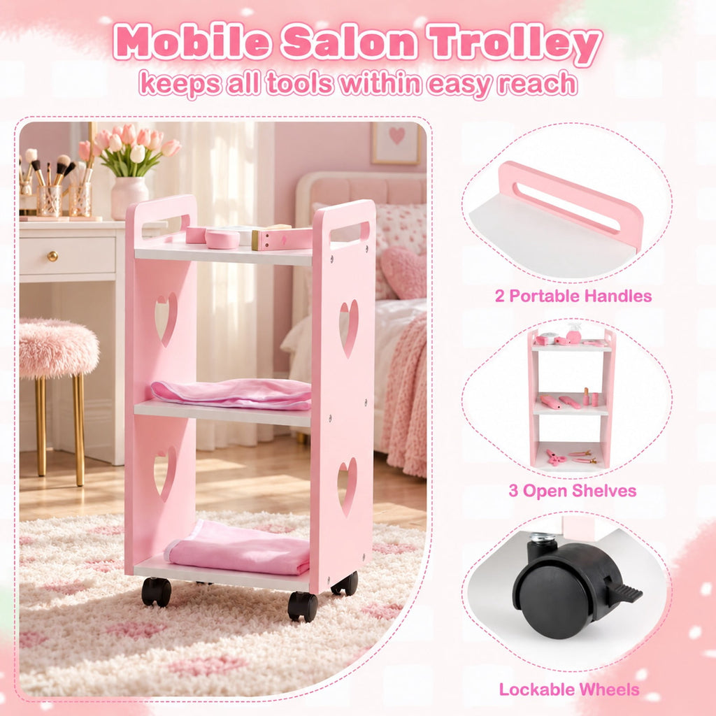Airfind Kids Hair Salon Play Set with LED Lighted Mirror Wooden Pretend Hair Salon Station with Swivel Barber Chair, 66 lbs Capacity, Pink