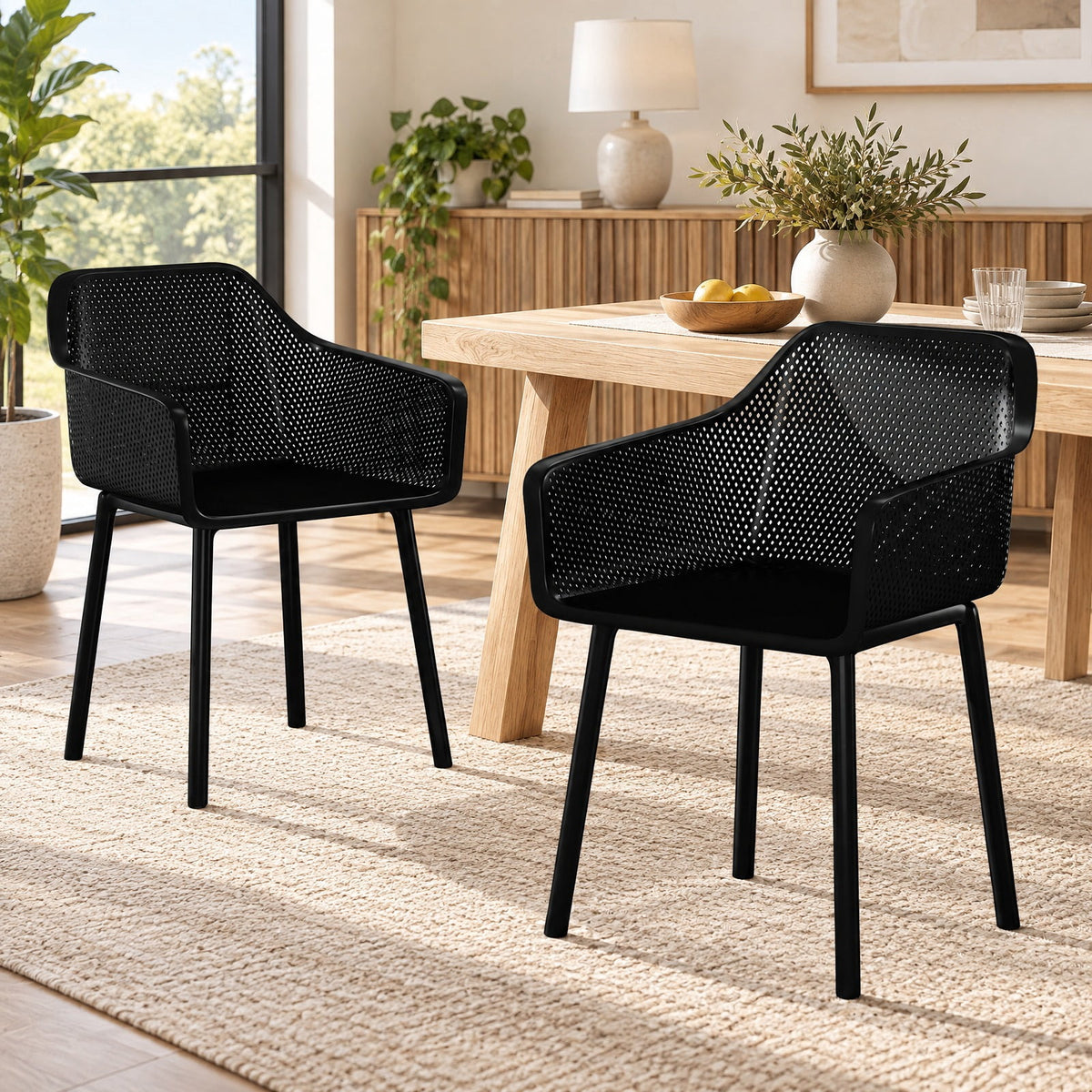 Airfind Modern Plastic Dining Chairs Set of 2 Kitchen Armchairs with Breathable Mesh Backres, 330 Lbs Capacity, PP, Black