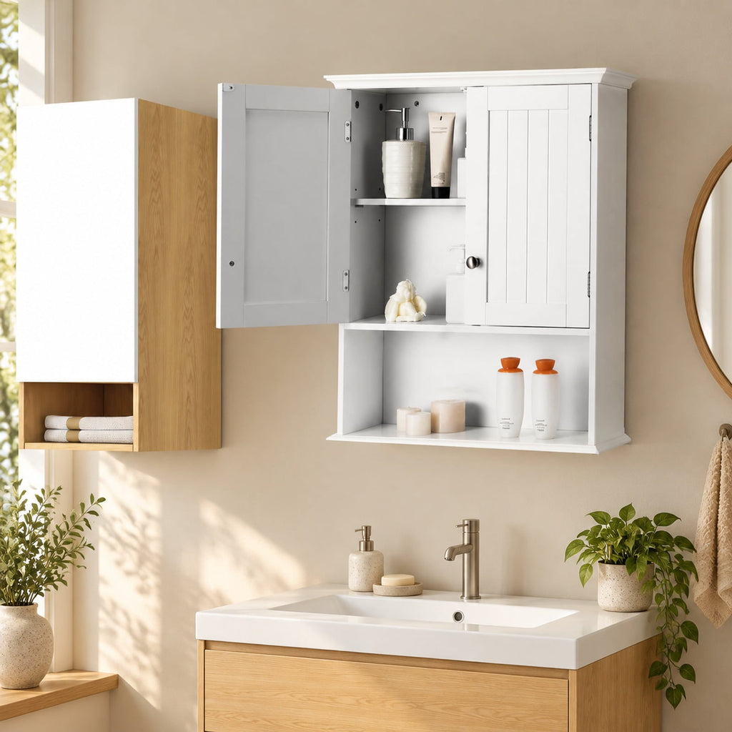 Airfind Wall Mount Bathroom Cabinet Storage Organizer with Doors and Shelves, MDF Metal Frame, White