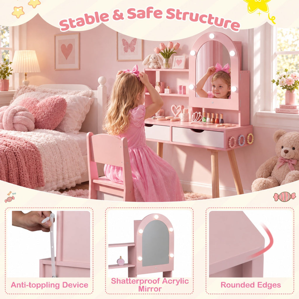 Airfind Kids Vanity Set Pretend Play Dressing Table Set with 3-Color Lighting Modes and Mirror Cabinet, 44 lbs Capacity, MDF Frame, Pink